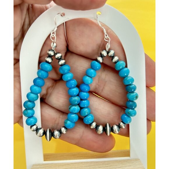 Sleeping Beauty Turquoise Teardrop Earrings w/ 9 Silver Navajo Pearls Great Gift - Picture 3 of 5